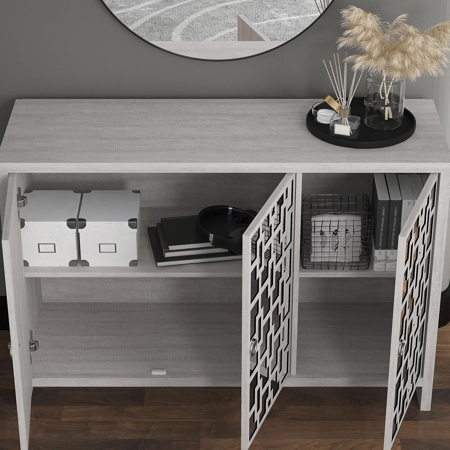 Modern Mirrored Sideboard Cabinet 3 Door Grey Oak Storage Unit Room