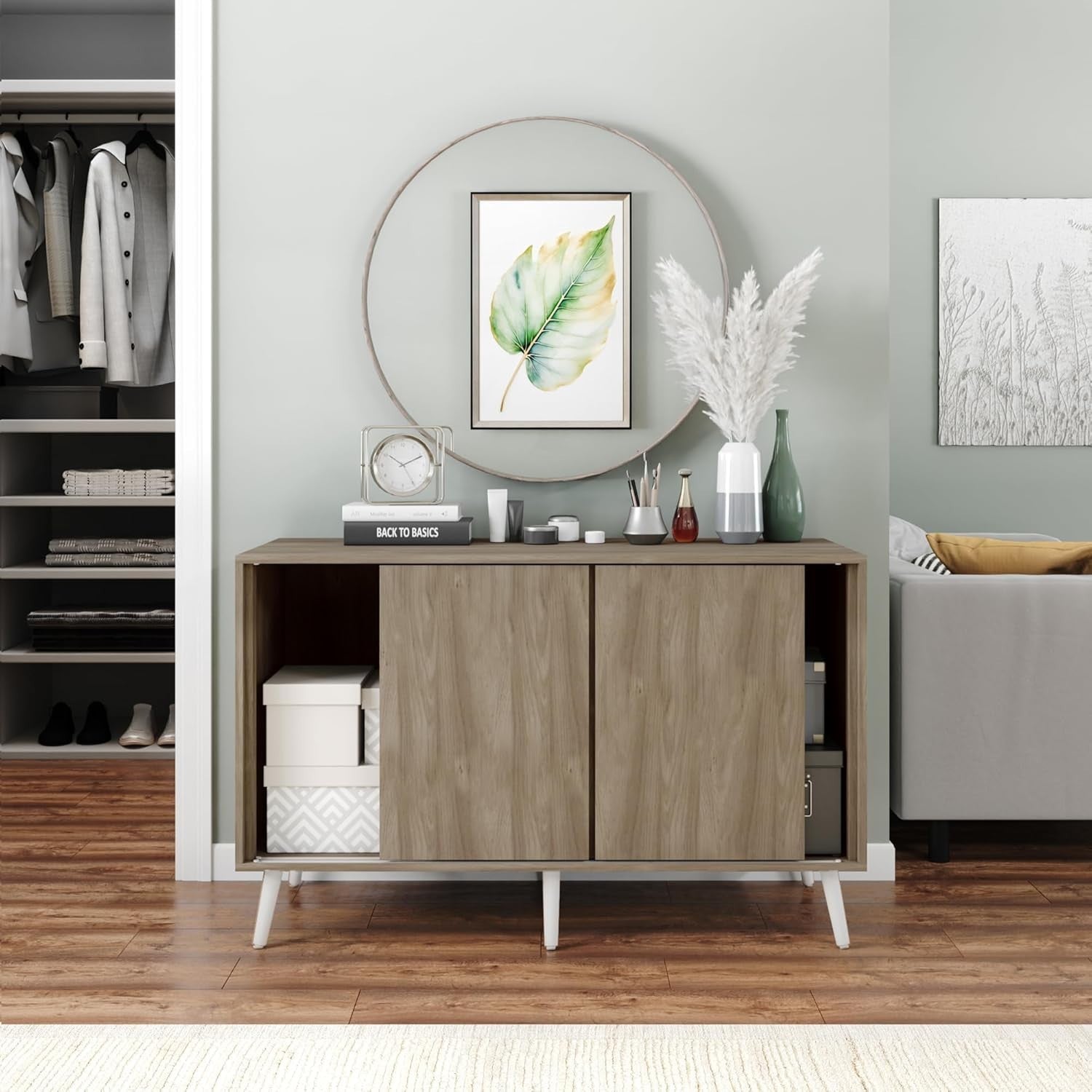 Oak Sideboard Cabinet Storage Unit Sliding Doors Modern Wooden Cupboard