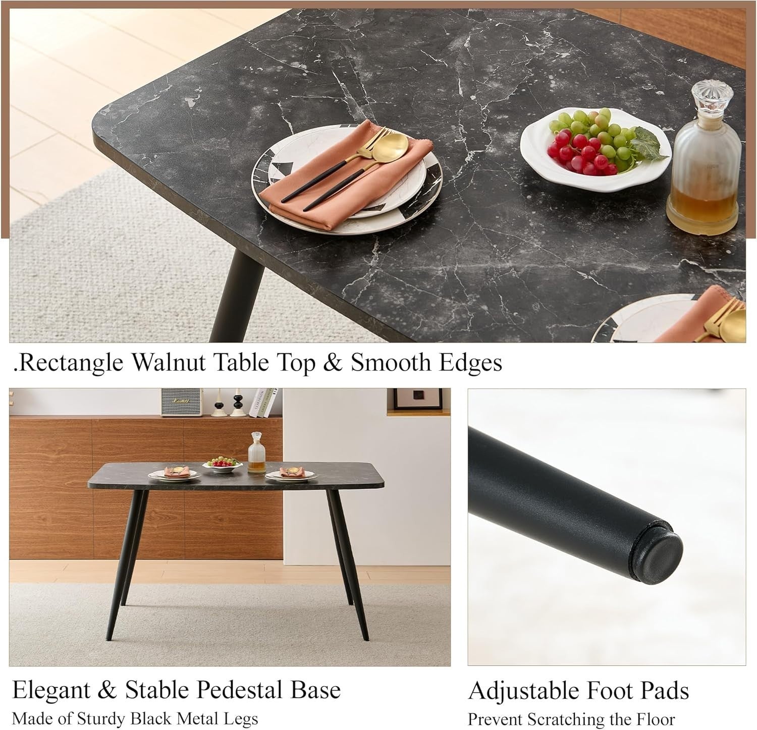 Modern 5-Piece Dining Table Set with 4 Chairs, Marble Effect, 140x80cm