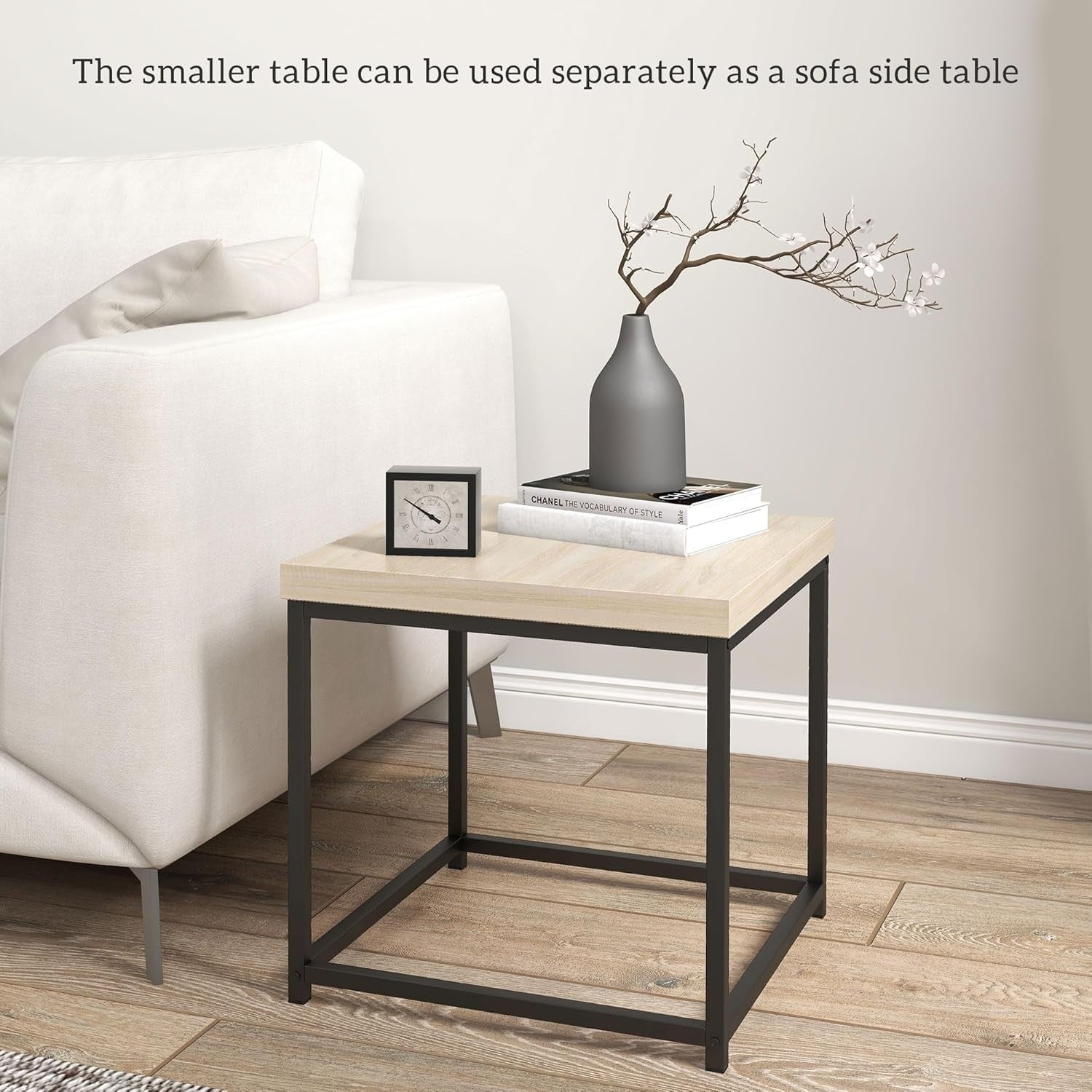 Oak Nesting Coffee Table Set Modern Square End Side Accent Tables Steel Frame