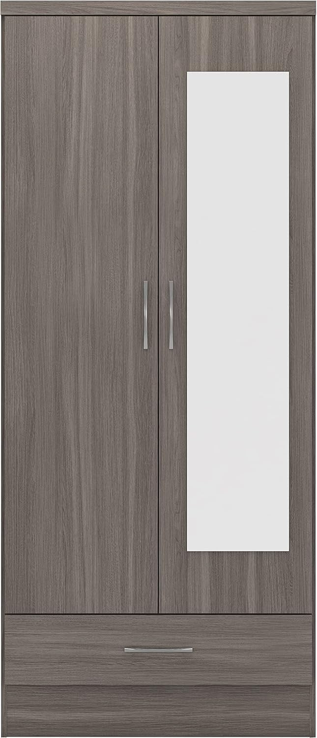 Black Mirror Wardrobe 2 Door 1 Drawer – Modern Bedroom Storage Unit
