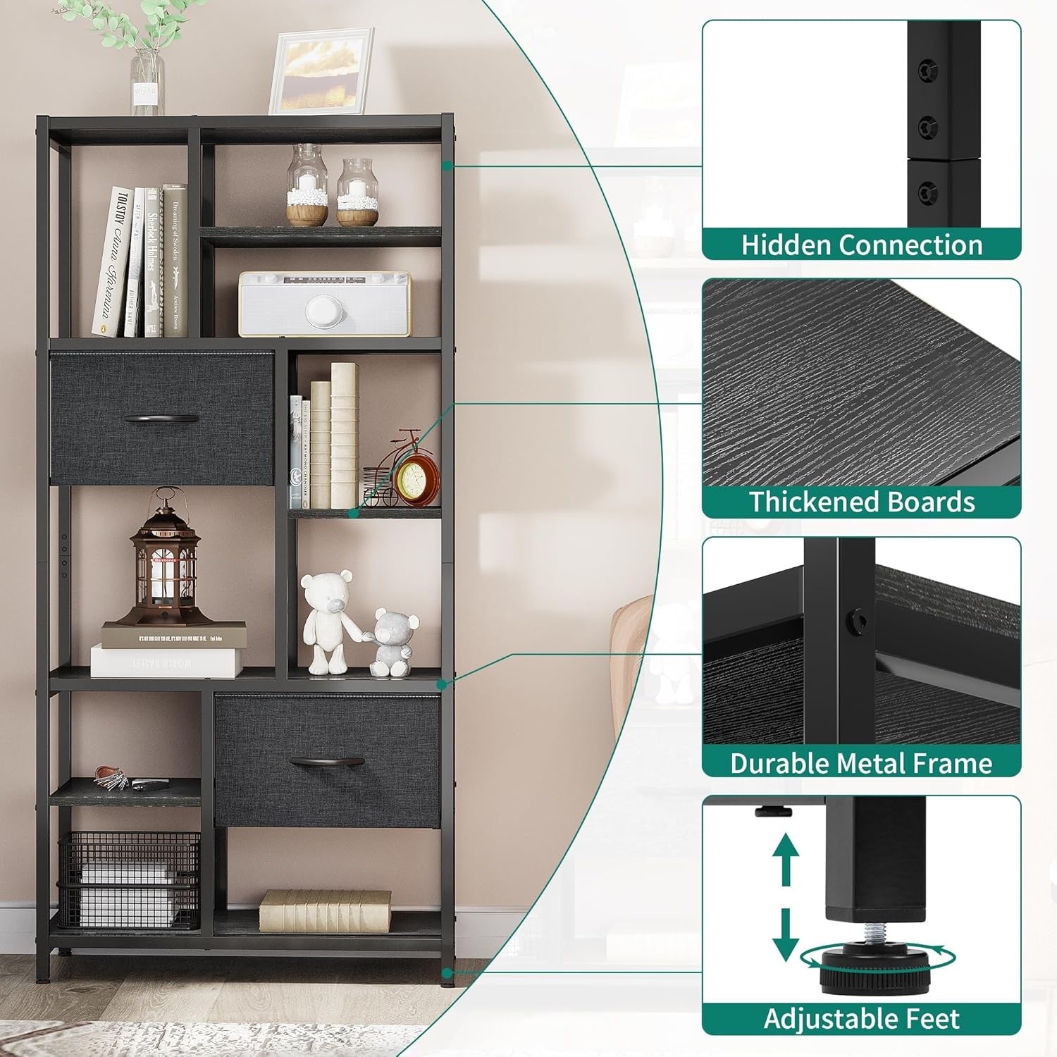 7-Tier Black Industrial Bookshelf with Drawers, Tall Storage Display Unit