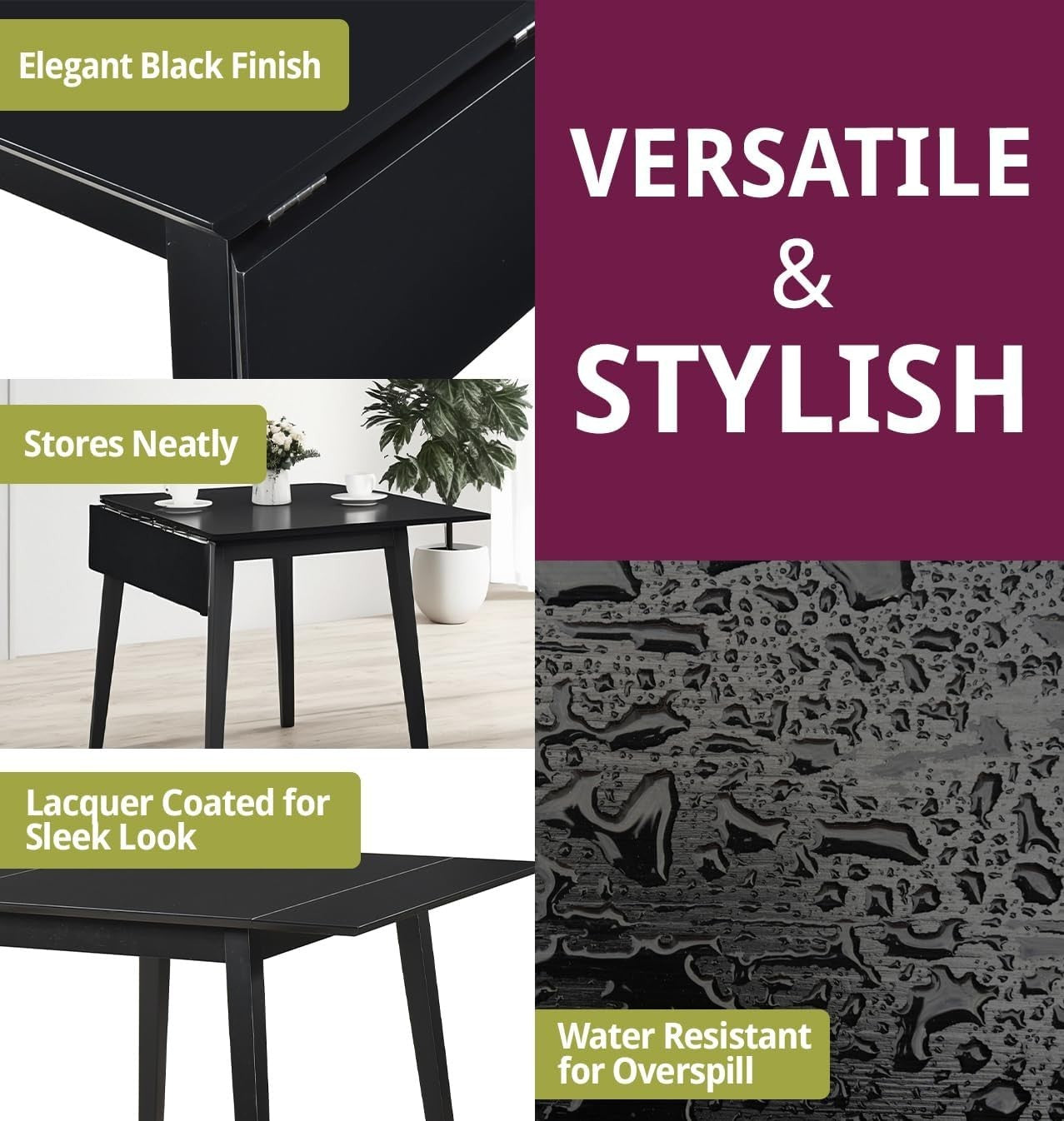Small Black Drop Leaf Folding Dining Table Space-Saving Rectangular