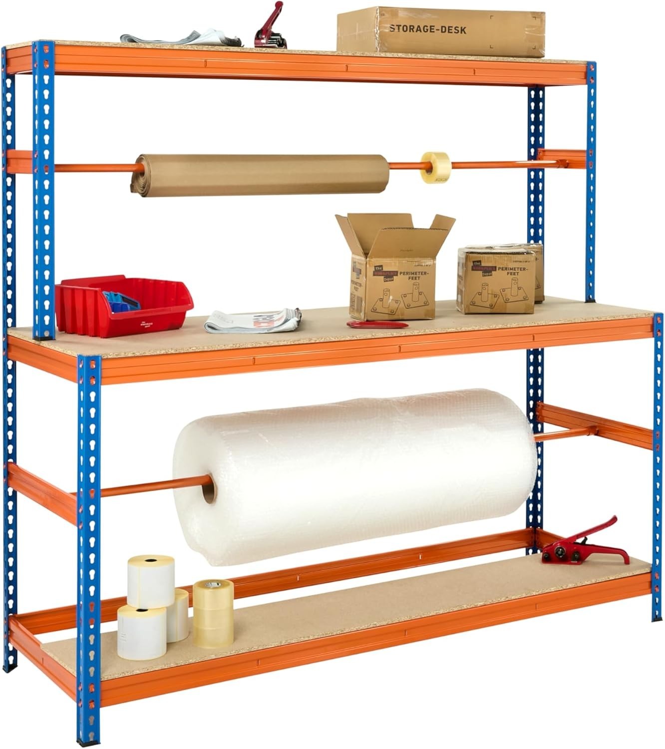 Heavy Duty Packing Workbench with Shelves Reel Bars Steel 1795mm Wide Station