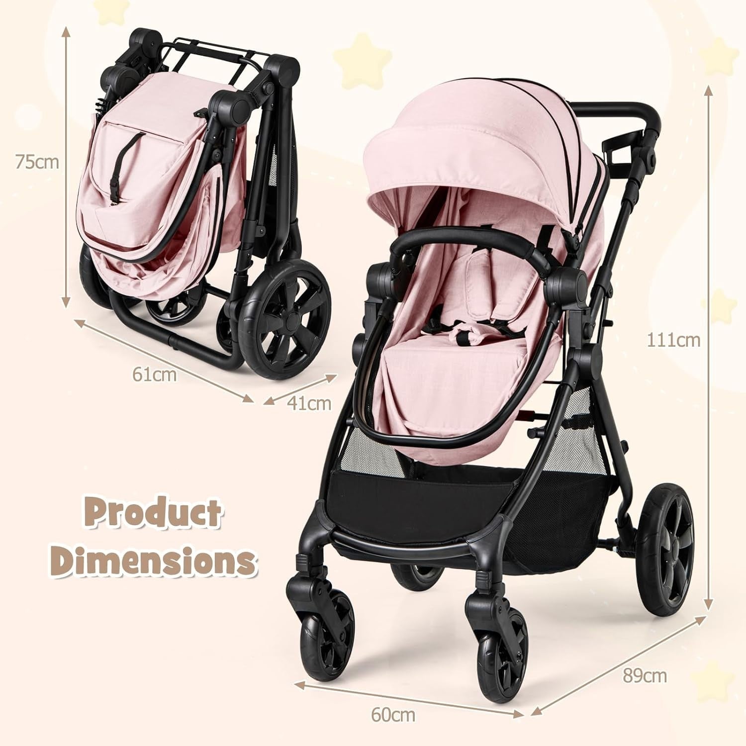 2in1 Baby Pushchair Foldable Pram Lightweight Reversible Seat Adjustable Canopy