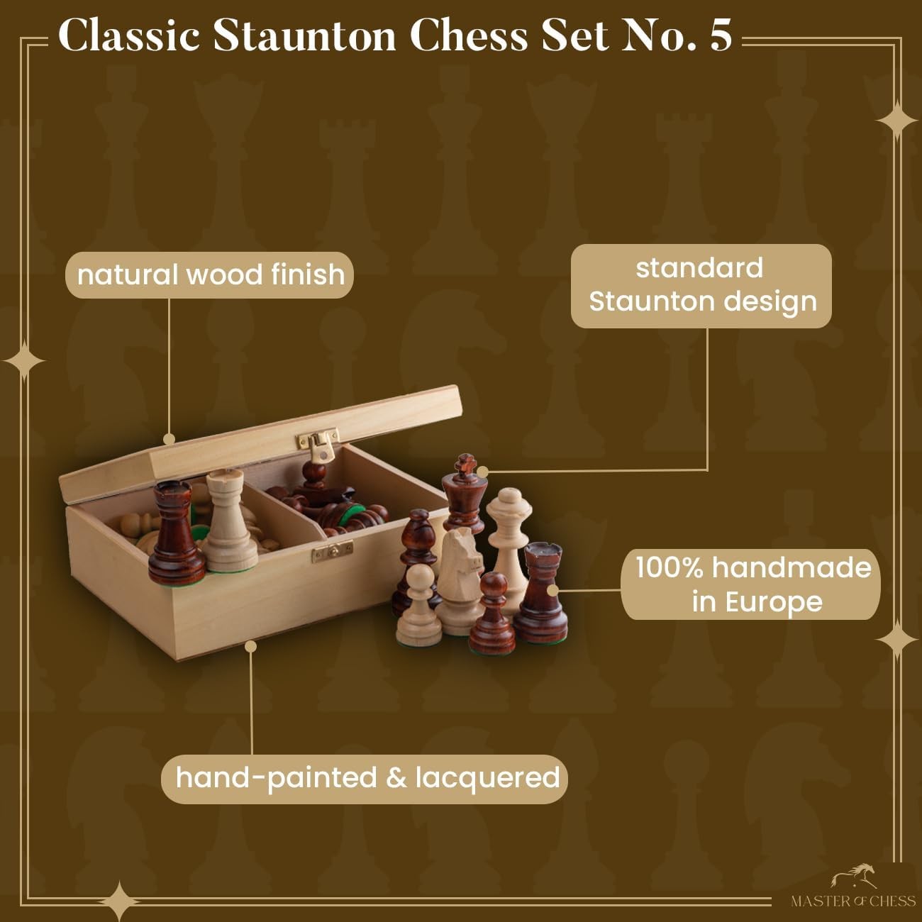 Staunton No.5 Weighted Wooden Chess Pieces Set with Natural Wood Storage Box