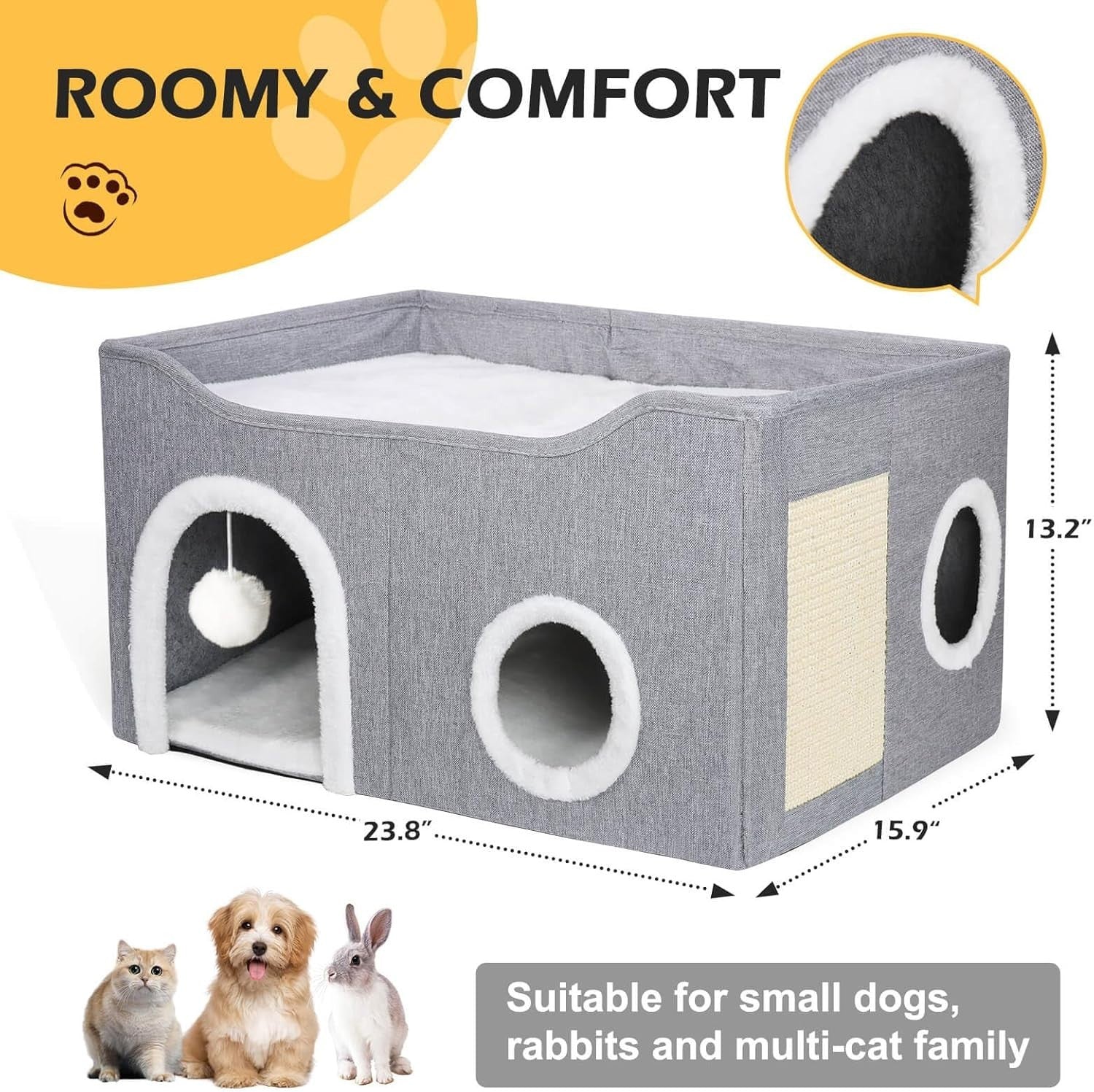 2 Layer Foldable Cat House Cave Bed Cube w Scratcher Fluffy Ball