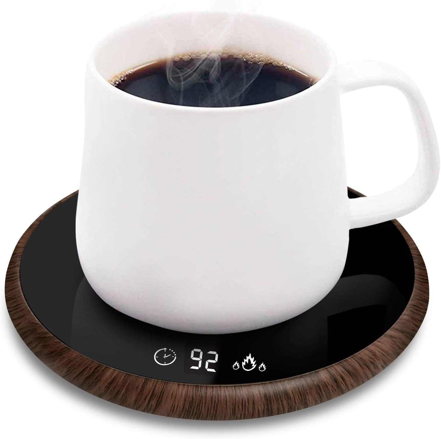 Smart Coffee Mug Warmer – Touch Control, LED Display, Wood Brown