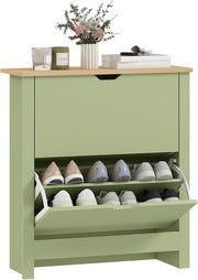 Green Narrow Shoe Cabinet with 2 Flip Drawers, Adjustable Shelves for Hallway