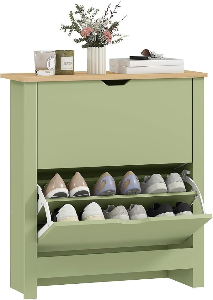 Green Narrow Shoe Cabinet with 2 Flip Drawers, Adjustable Shelves for Hallway