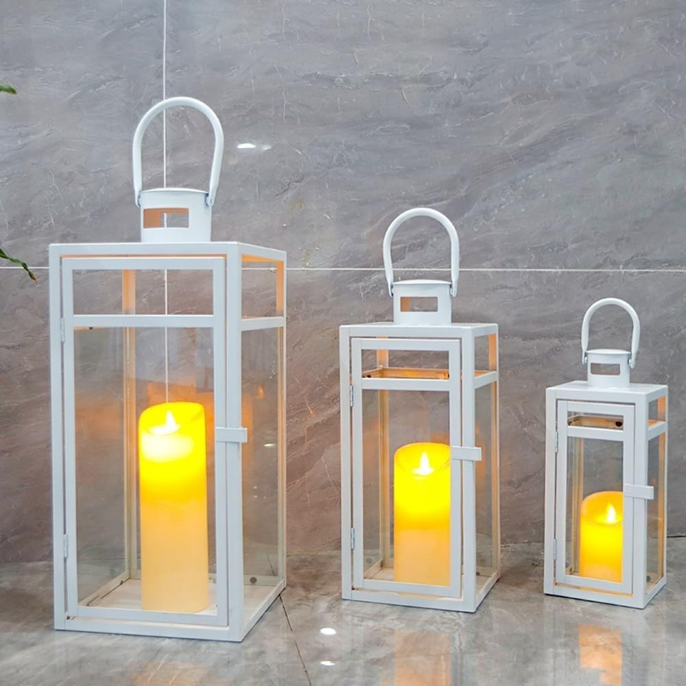 Set of 3 White Metal Candle Lanterns | Indoor Outdoor Home & Garden Décor
