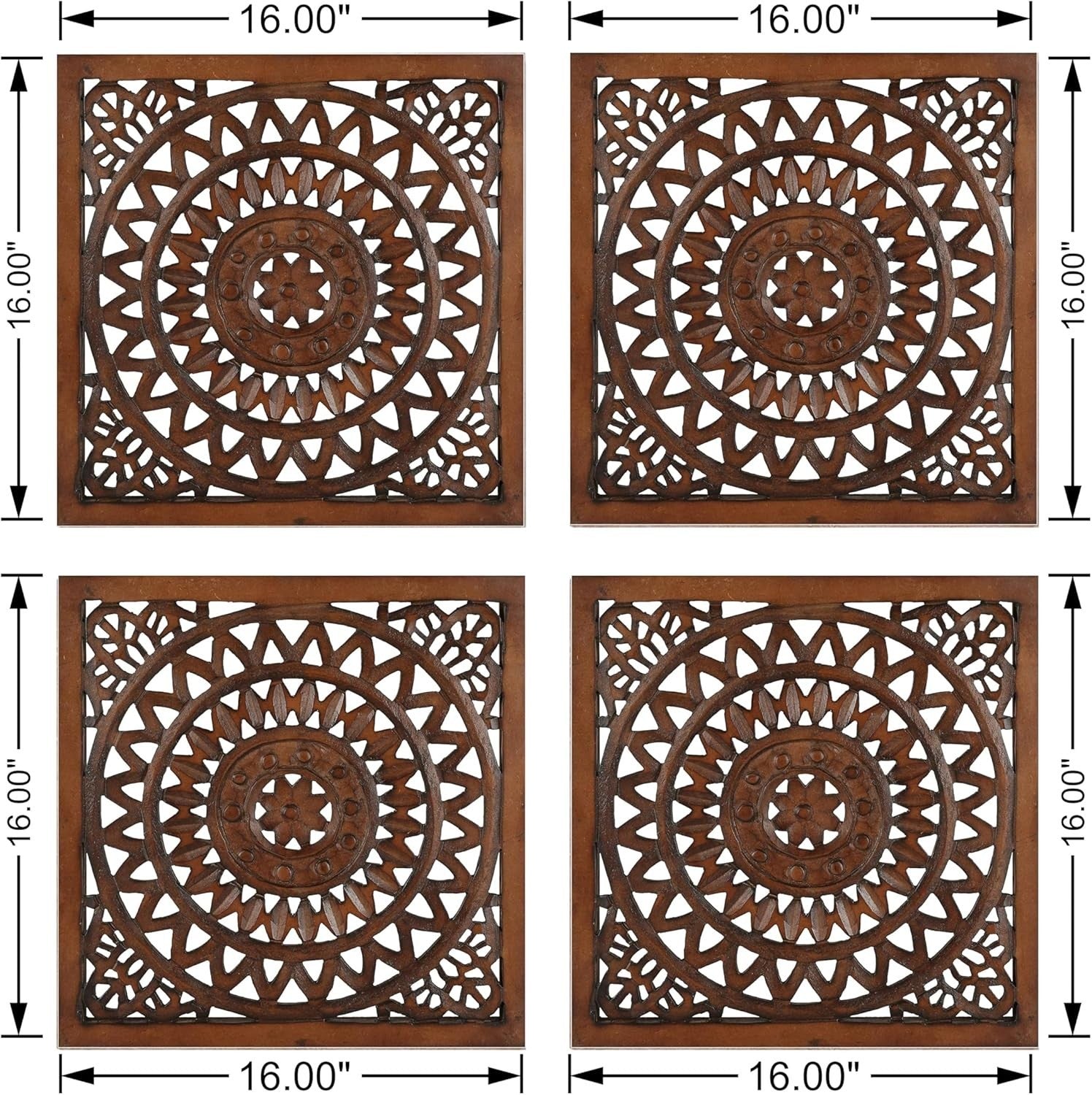 Set of 4 Wooden Wall Plaques Hand Carved Decor Panels 16x16