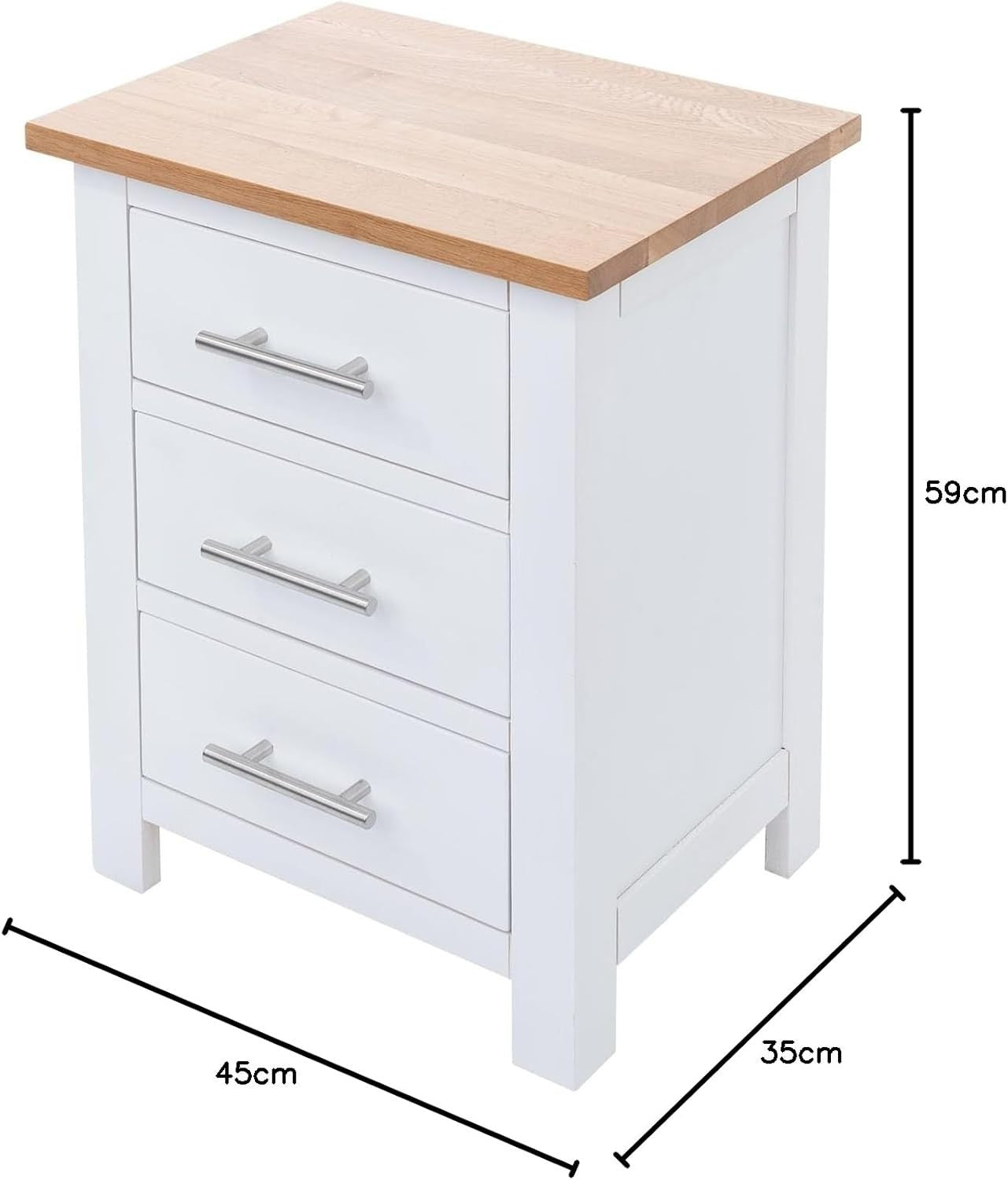 White Oak Bedside Table with 3 Drawers, Modern Solid Wood Nightstand 56x42x32cm