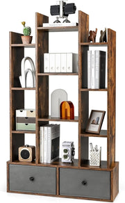 12-Tier Rustic Brown Wooden Bookshelf with 2 Foldable Drawers, Space Saver
