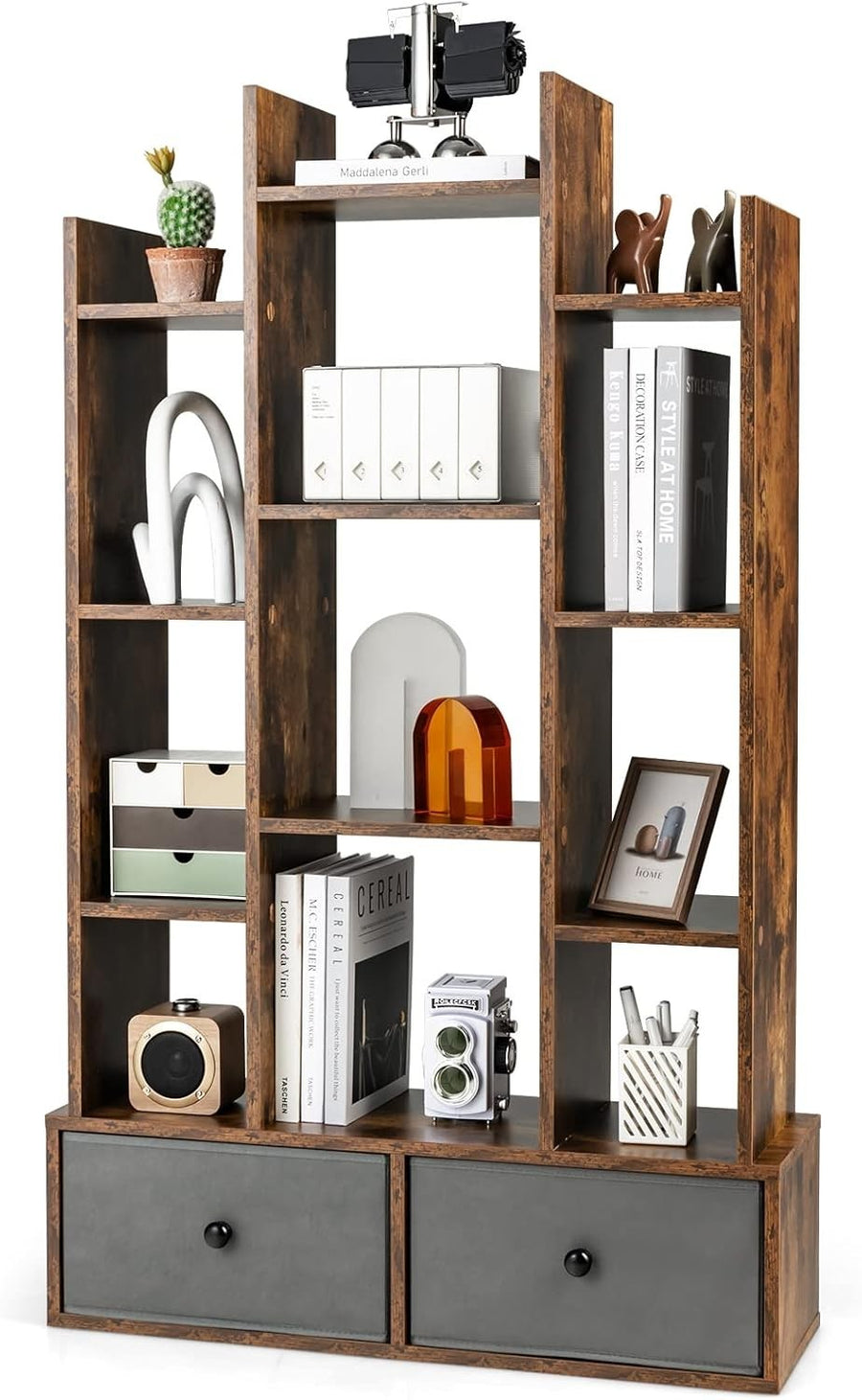 12-Tier Rustic Brown Wooden Bookshelf with 2 Foldable Drawers, Space Saver