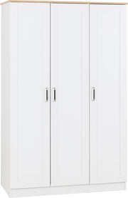 3 Door White Oak Wardrobe with Lockable Storage & Spacious Hanging Space