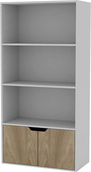 Modern White 4-Tier Wide Bookcase with Oak Door Cupboard – Shelf Storage Unit