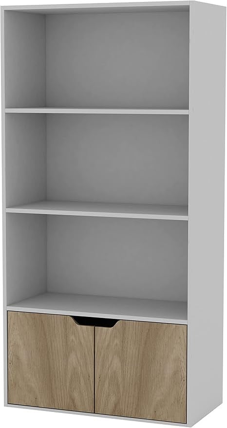 Modern White 4-Tier Wide Bookcase with Oak Door Cupboard – Shelf Storage Unit
