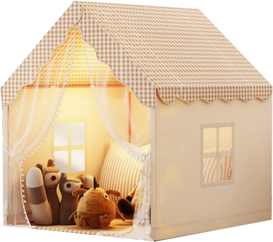 Kids Gingham Play Tent Indoor Rustic Playhouse w Windows Curtains
