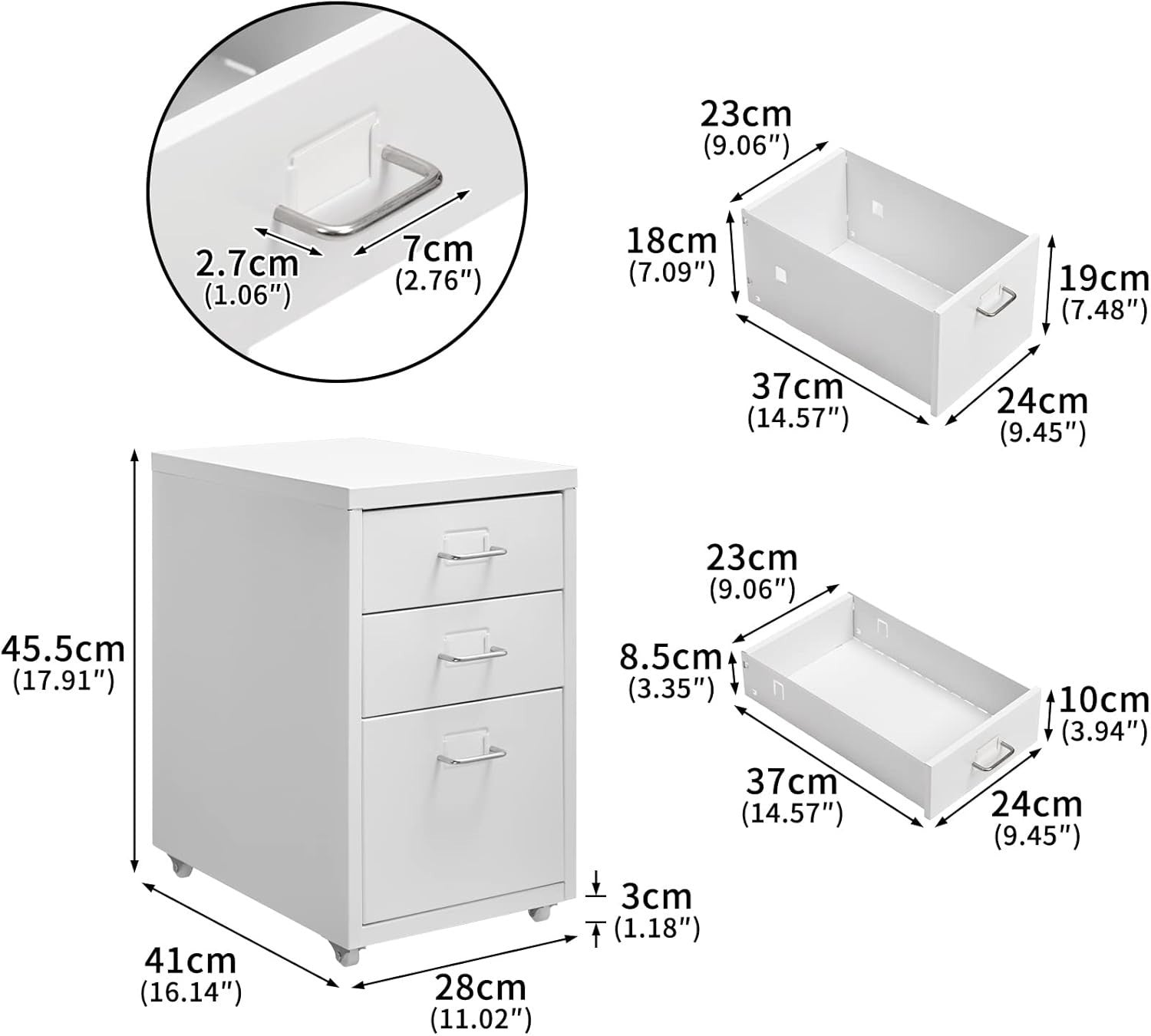 Compact White Metal Rolling File Cabinet 3 Drawer Under Desk Storage