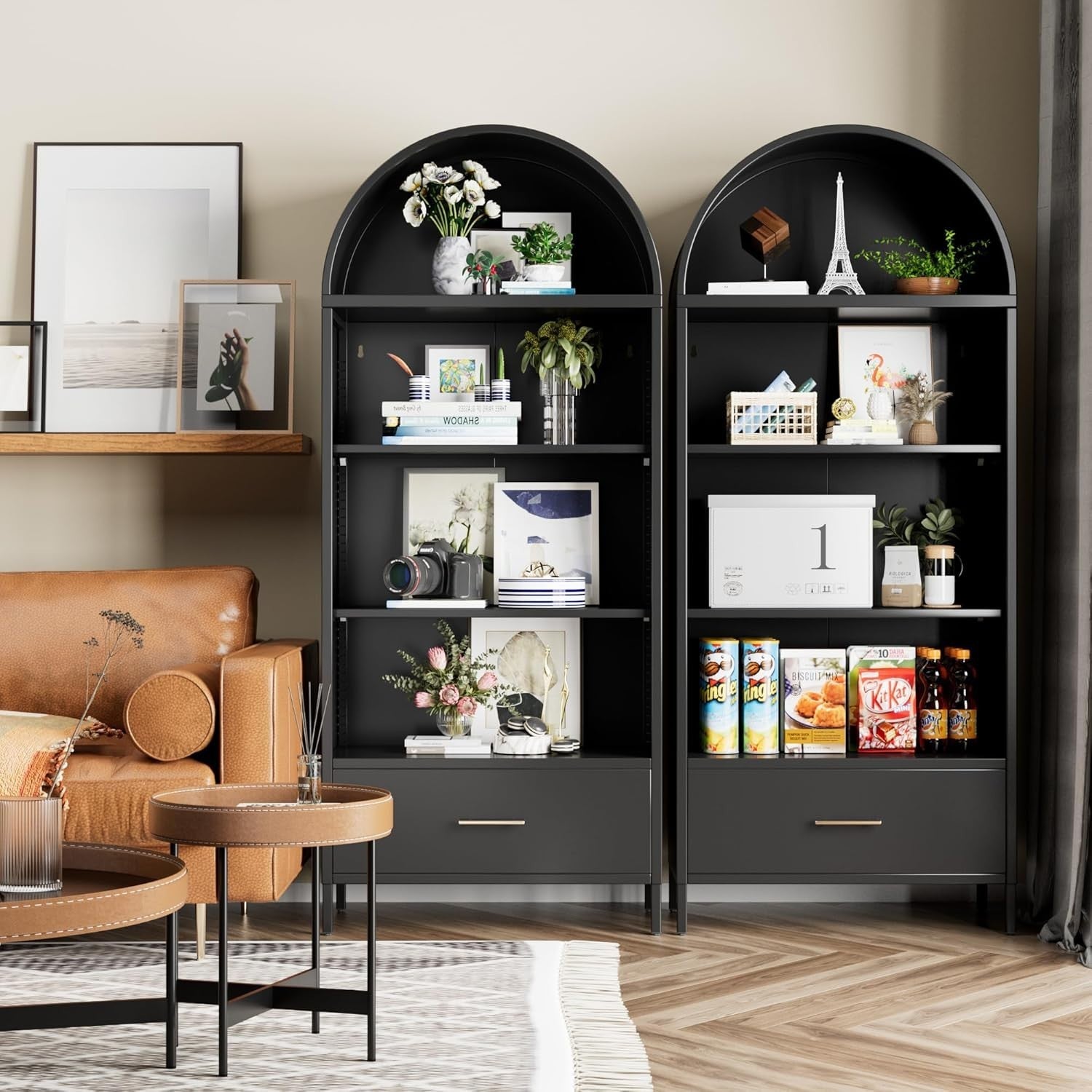 185cm Metal Arched Kitchen Pantry Cabinet Black | Drawer Storage