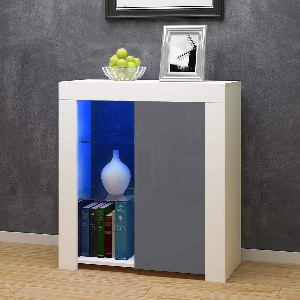 LED Sideboard Cabinet Grey Gloss Door Unit with Light 83cm High Storage