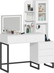 Makeup Vanity Table Mirror LED Lights Storage Drawers Modern White Dressing Desk