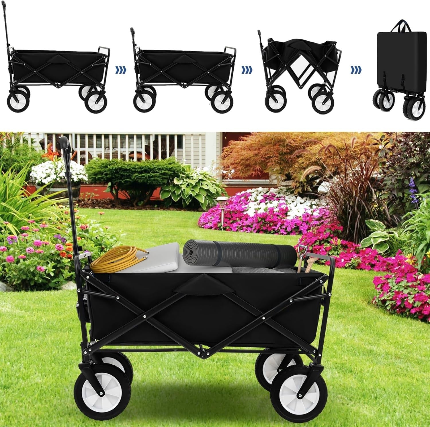 Black Folding Trolley Cart Collapsible Garden Wagon w/ Adjustable Handle & Bag
