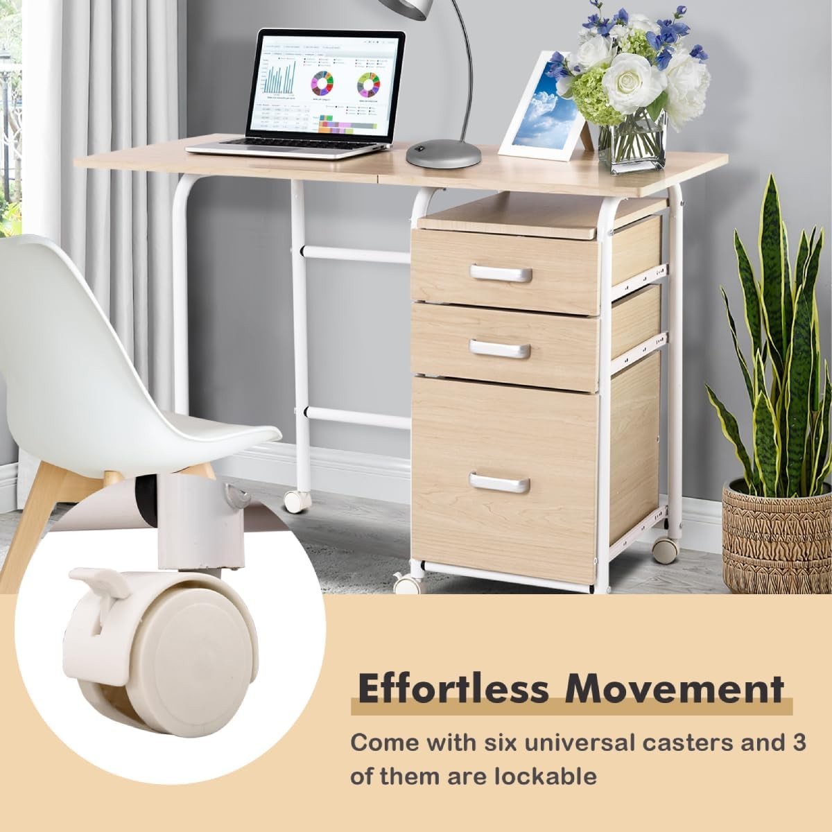 Folding Computer Desk Oak with Wheels & Drawers 105x50x75cm Workstation