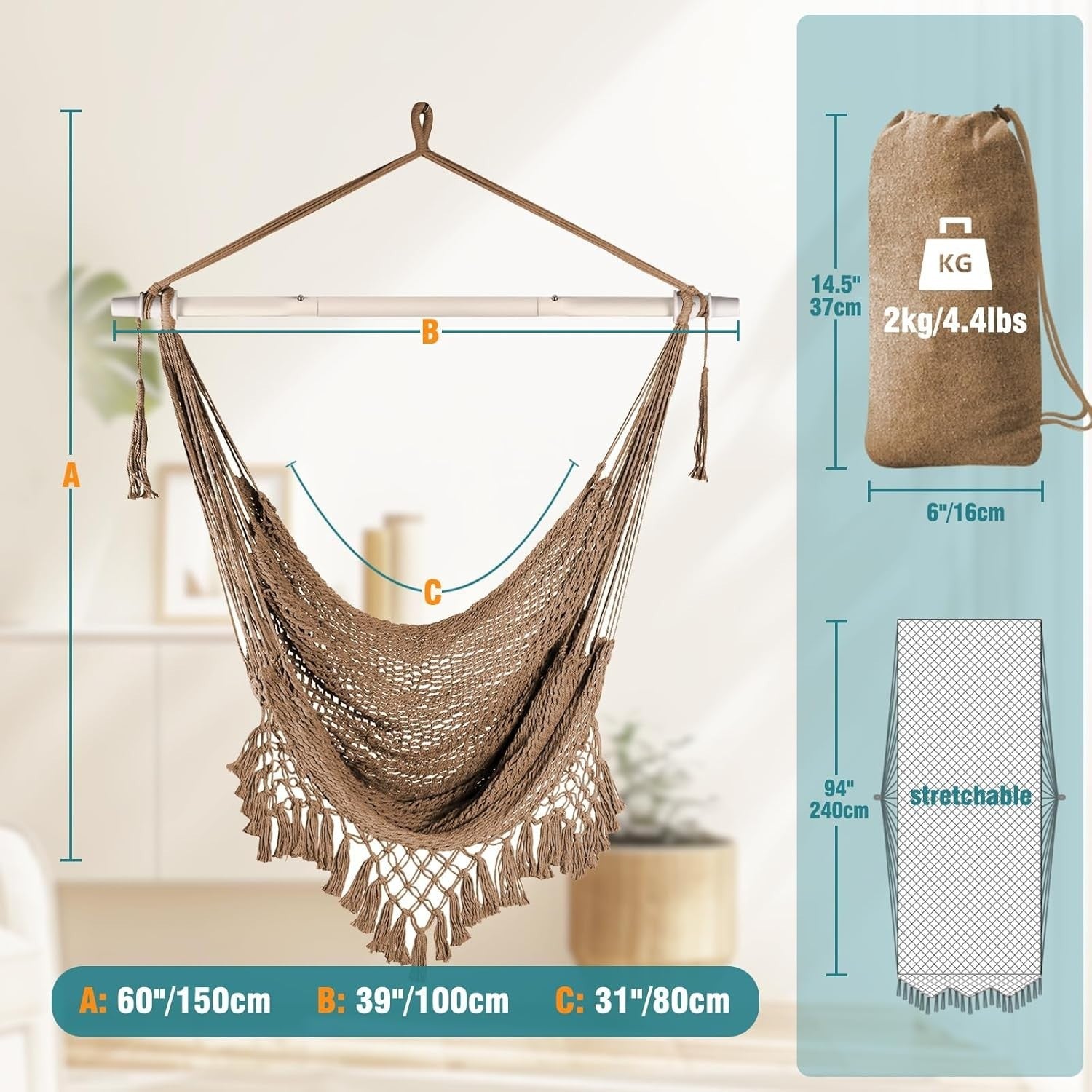 Brown Hanging Hammock Chair – Soft Cotton Mesh, Wide Seat, 120kg Max