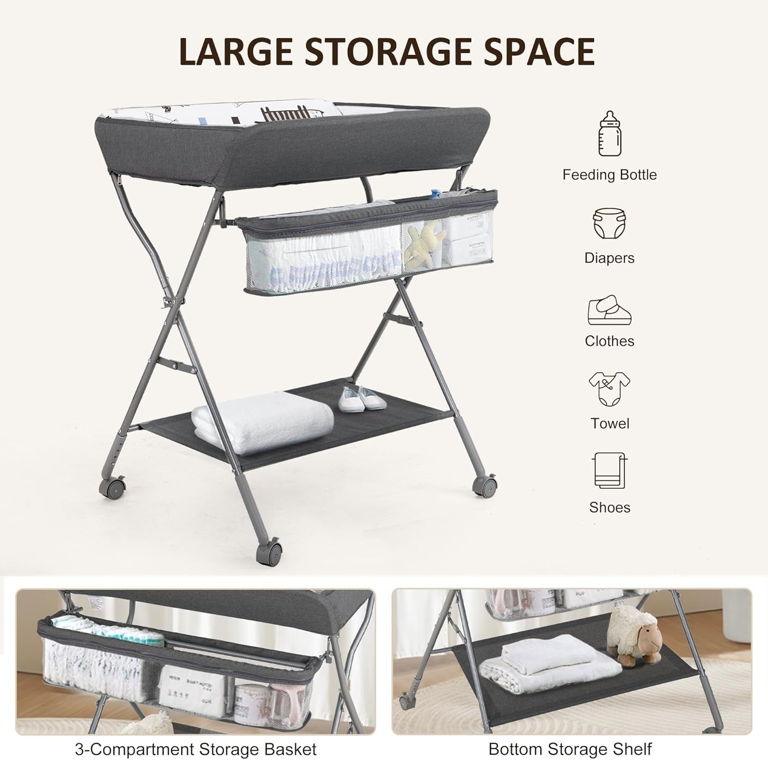 Baby Changing Table Adjustable Folding Diaper Station with Storage Dark Grey