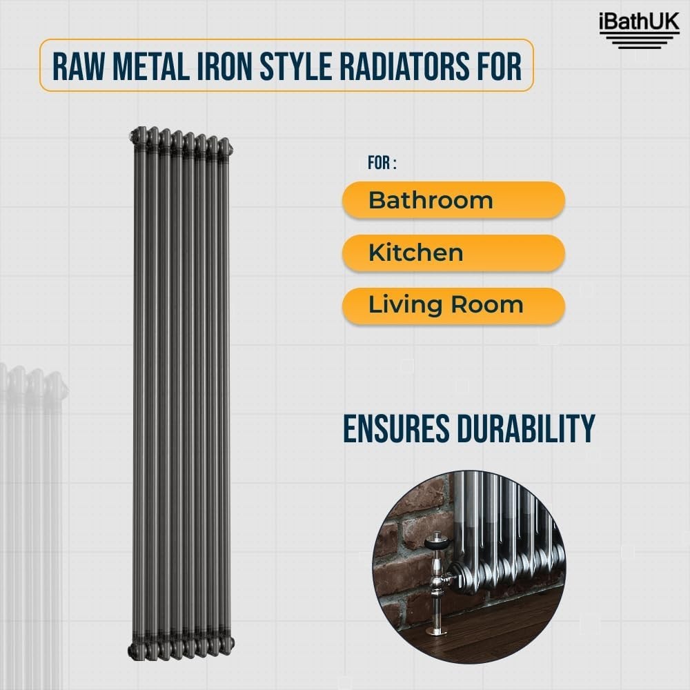 Traditional Vertical Column Radiator Double Panel Raw Metal 1800x380mm