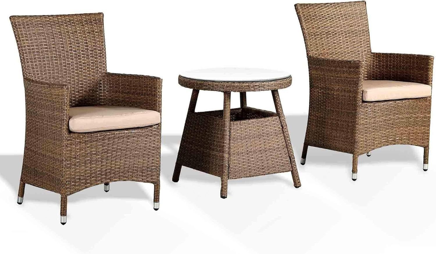 Brown Rattan Bistro Set 2 Armchairs with Side Table Balcony Patio Seating