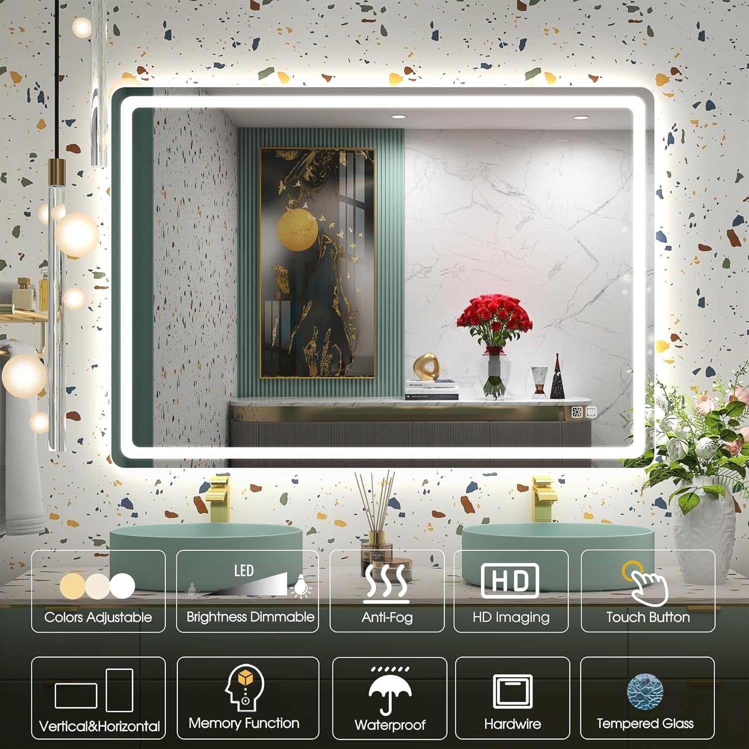 LED Bathroom Mirror 70x100 cm with Anti-Fog, Dimmable Lights & Memory