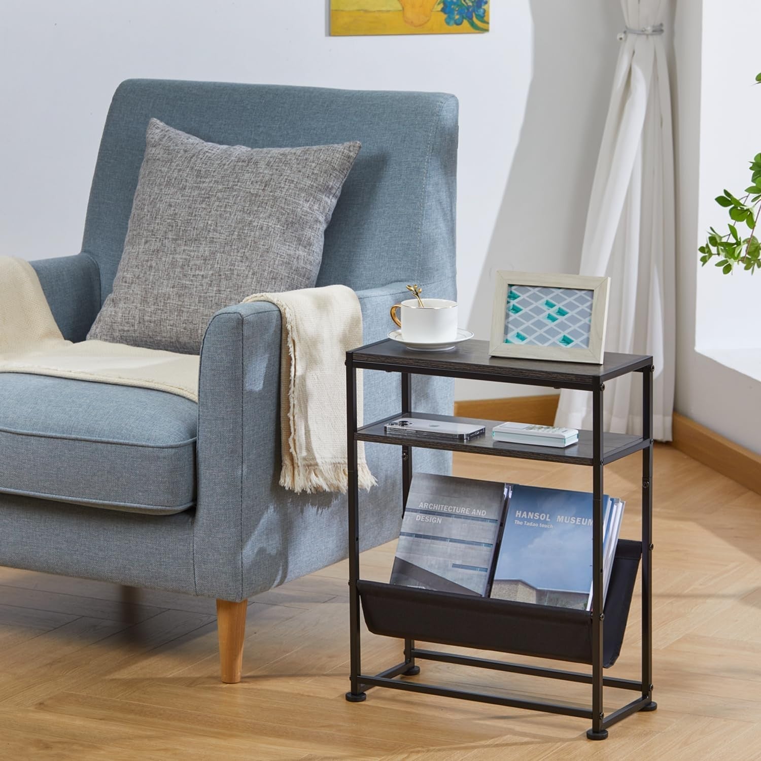 Narrow Side Table with Storage – Slim Grey End Table for Small Spaces & Sofa