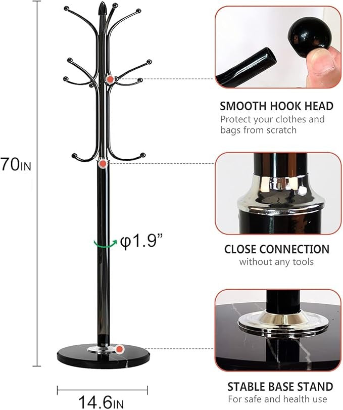 Black Metal Coat Rack Stand with Marble Base 12 Hooks Hall Tree for Entryway