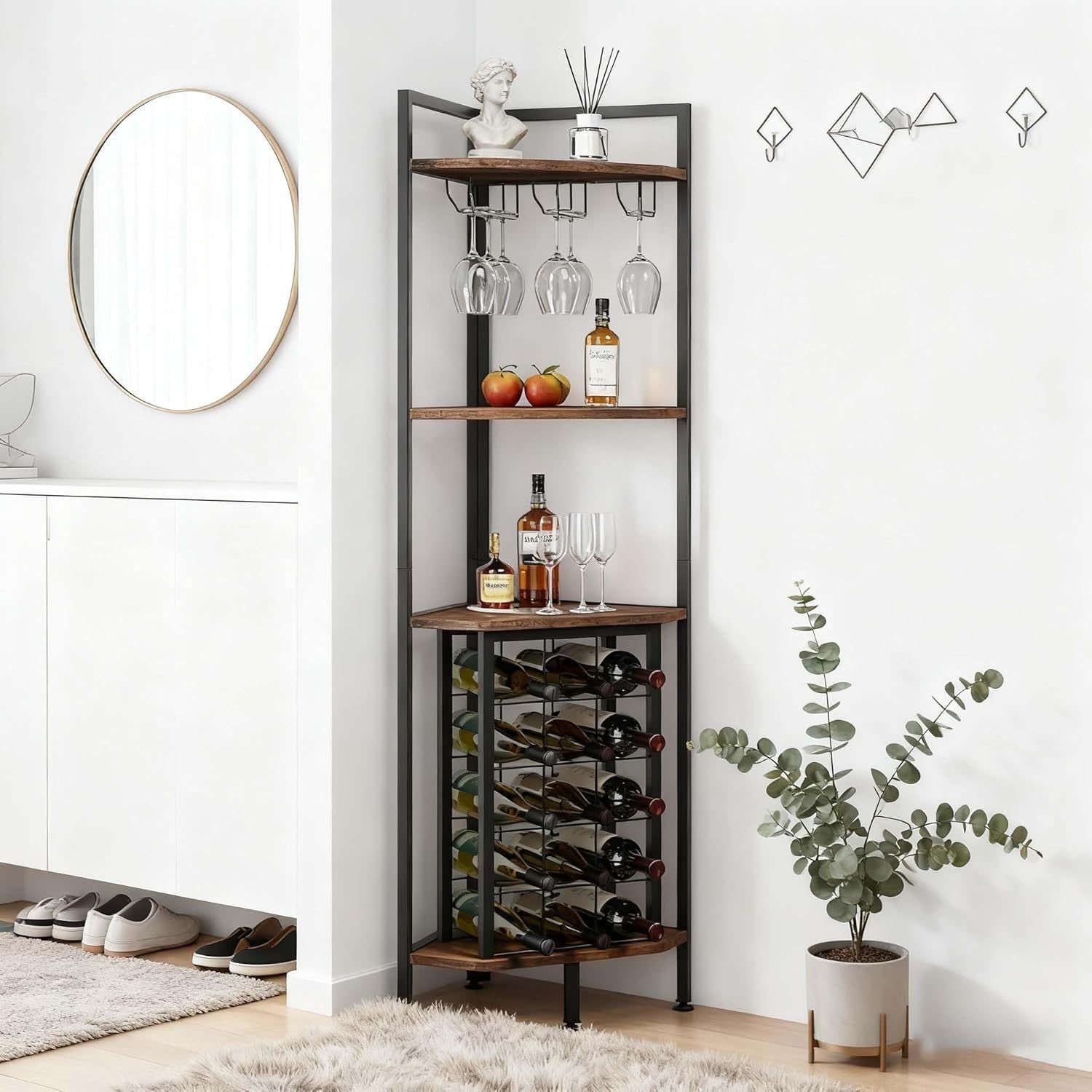 Tall Corner Wine Rack Shelf with 15 Bottle Holder & Glass Hanger Industrial
