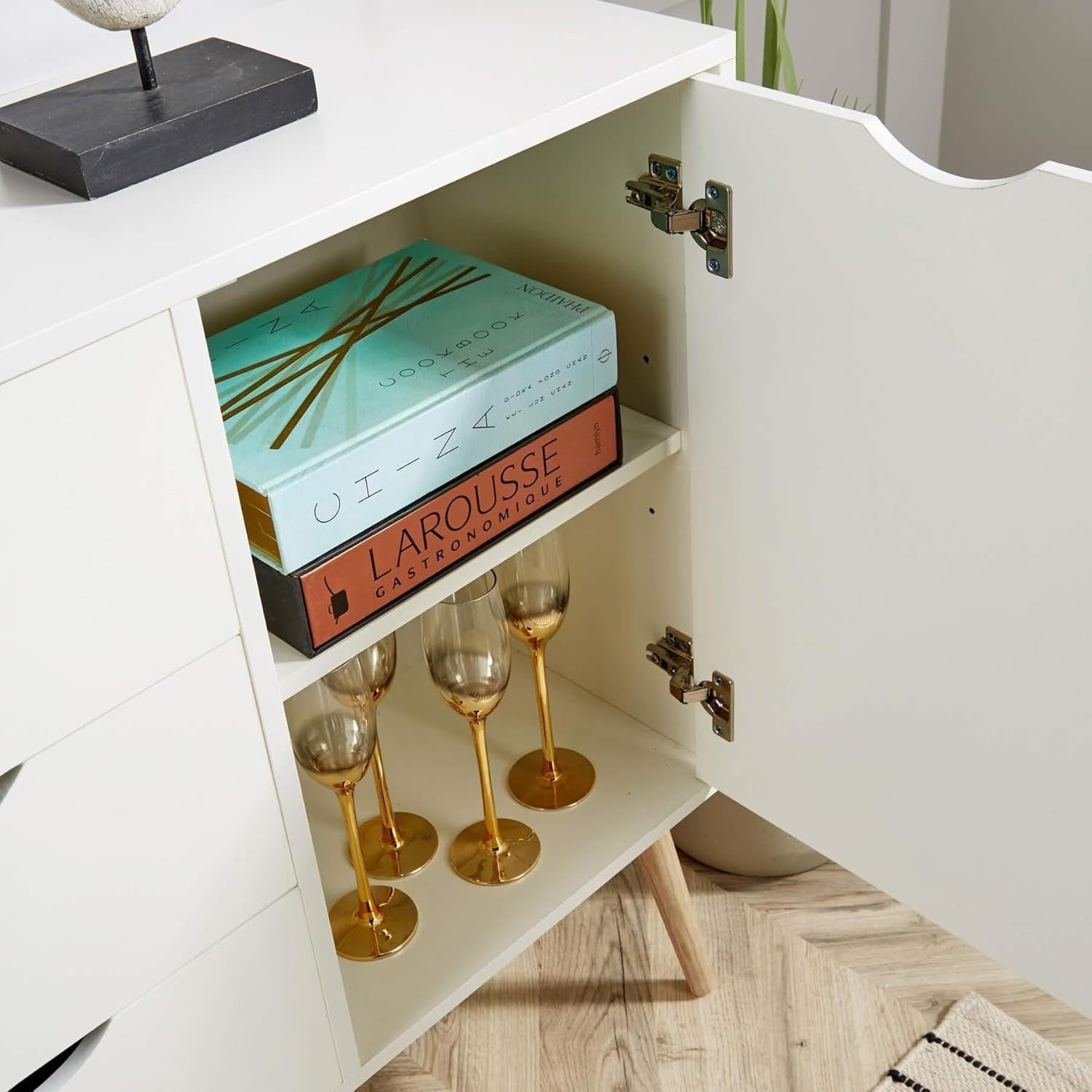 White Scandi Sideboard Cabinet 3 Drawers 2 Doors Solid Wood Legs Storage