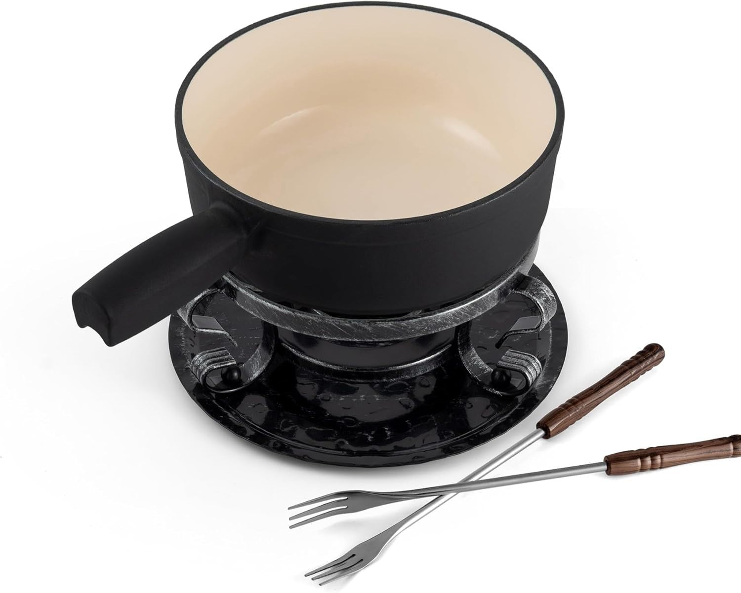 Cast Iron Fondue Set 9 Piece Matte Black Cheese Chocolate Pot 2L