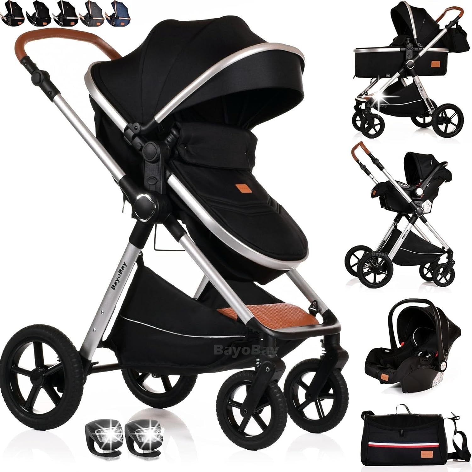 3in1 Baby Pram Travel System Pushchair with Car Seat Foldable Black Silver