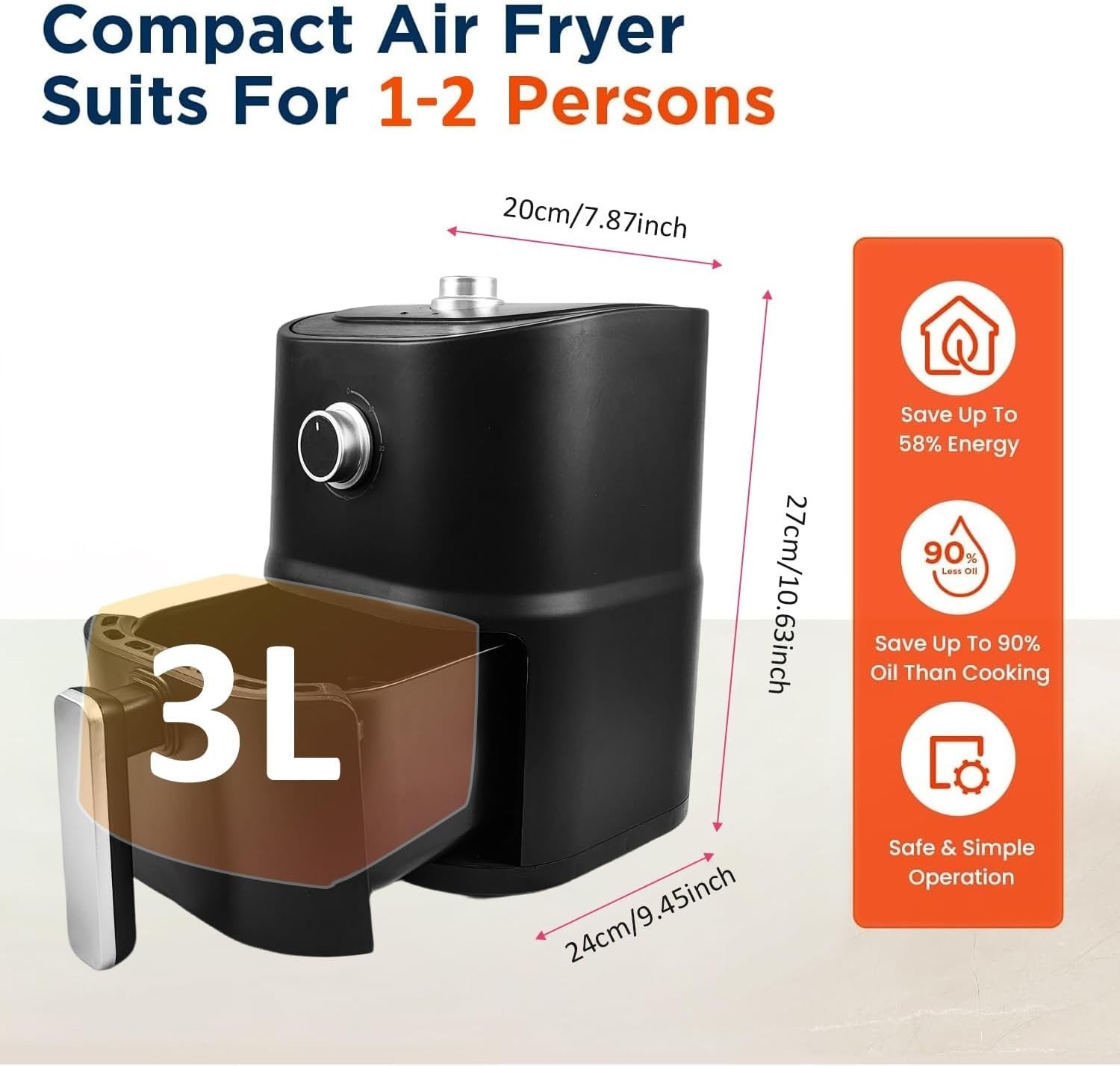 3L Compact Air Fryer 5-in-1 Oven Extra Crisp Low-Fat Cooking Non-Stick Dishwashe
