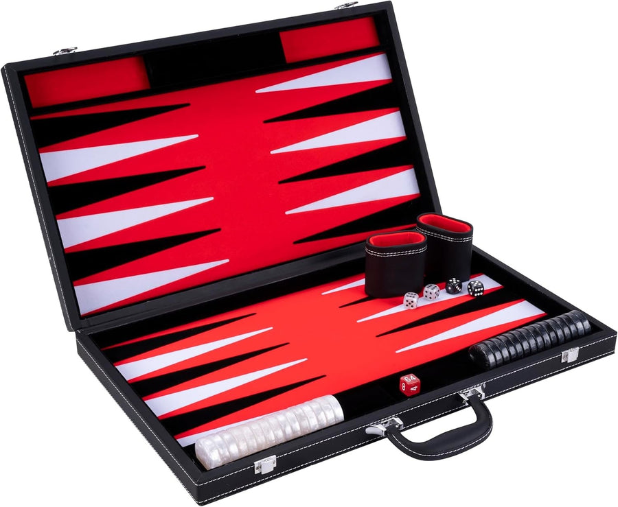 21 Inch Deluxe Backgammon Set Faux Leather Case Felt Interior Dice Cups