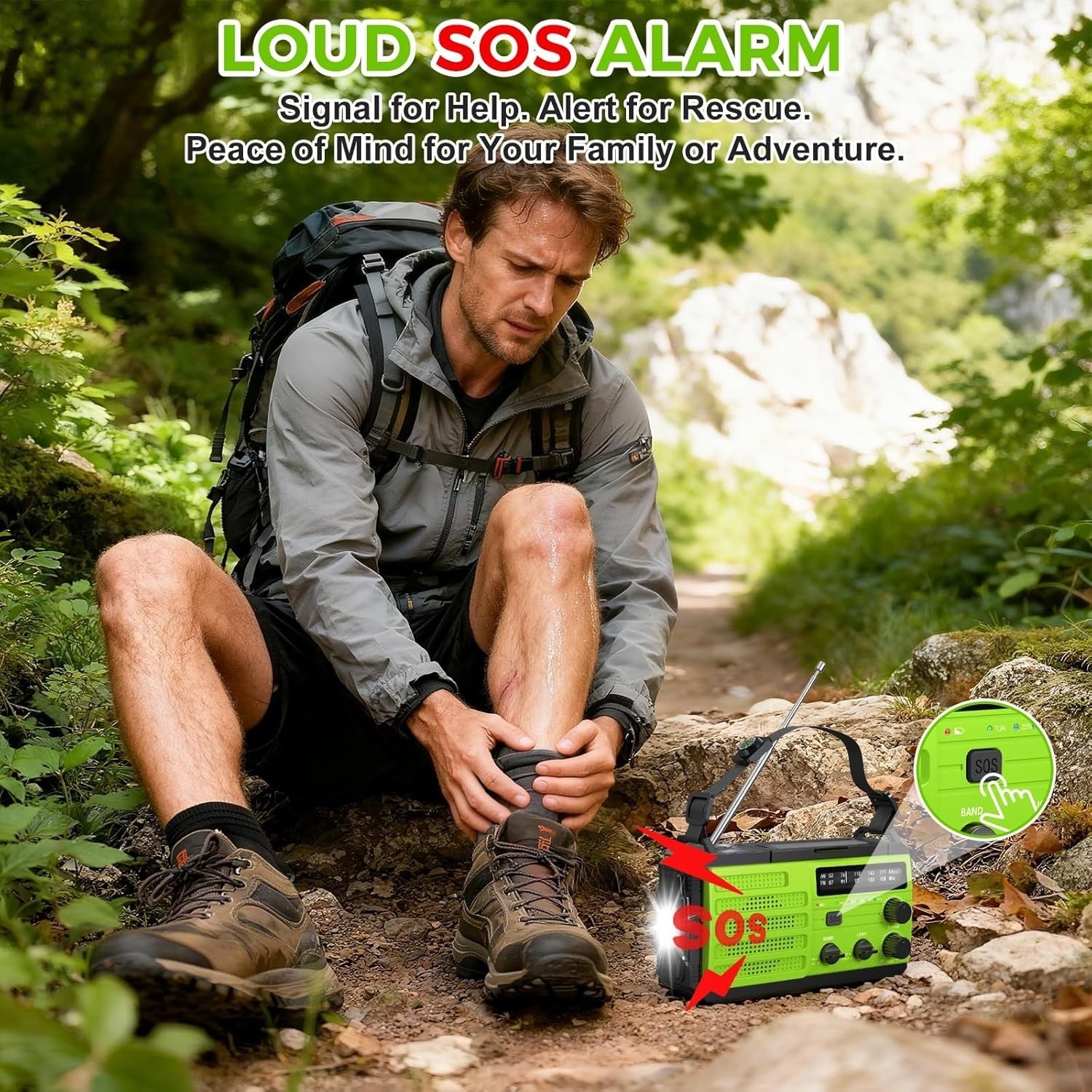 8000mAh Emergency Wind Up Radio Solar AM/FM, USB Charger SOS