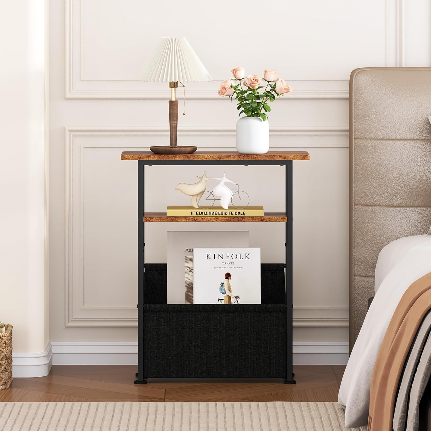 Rustic Narrow Side Table 3-Tier with Storage Basket – Slim Bedside Unit