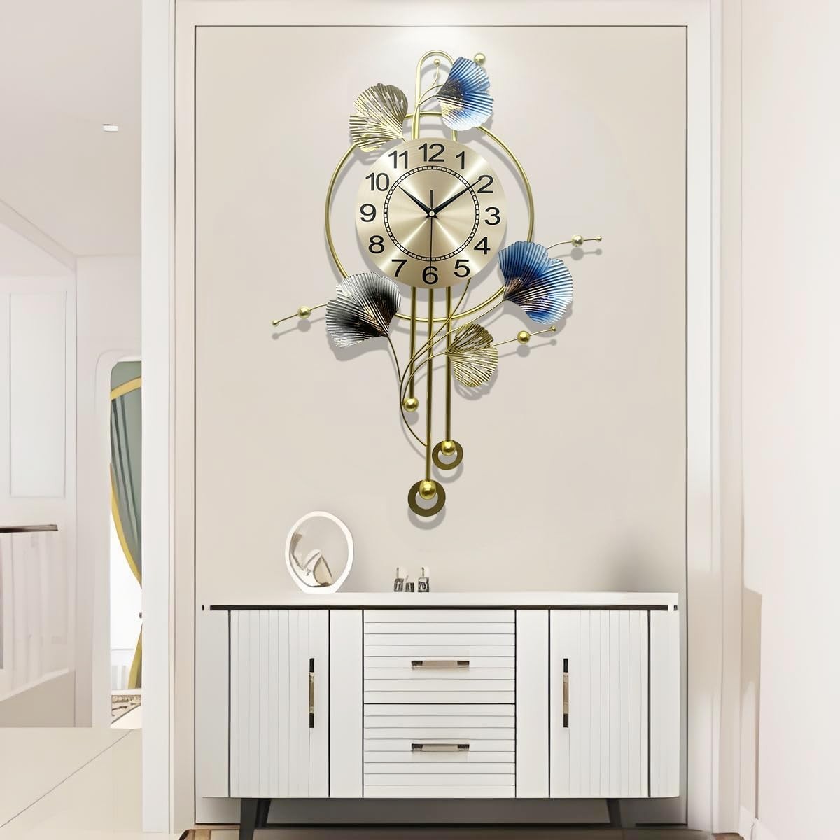 70×52cm Blue Ginkgo Leaf Wall Clock – Luxury Silent Metal Art Pendulum Home Deco