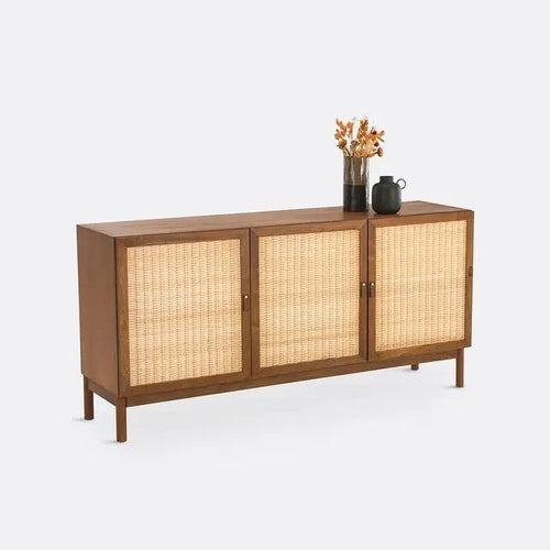 Teak Rattan Sideboard 175cm Storage Cabinet Unit with Doors & Soft Closures