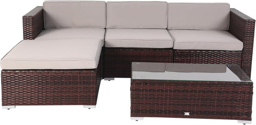 Brown Rattan Garden Sofa Set 5-Piece Outdoor Patio Lounge with Cushions