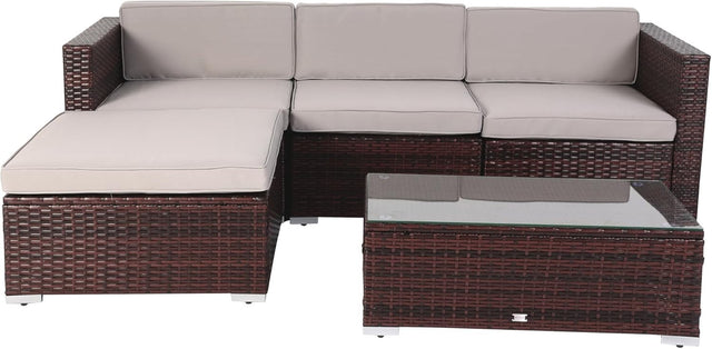 Brown Rattan Garden Sofa Set 5-Piece Outdoor Patio Lounge with Cushions