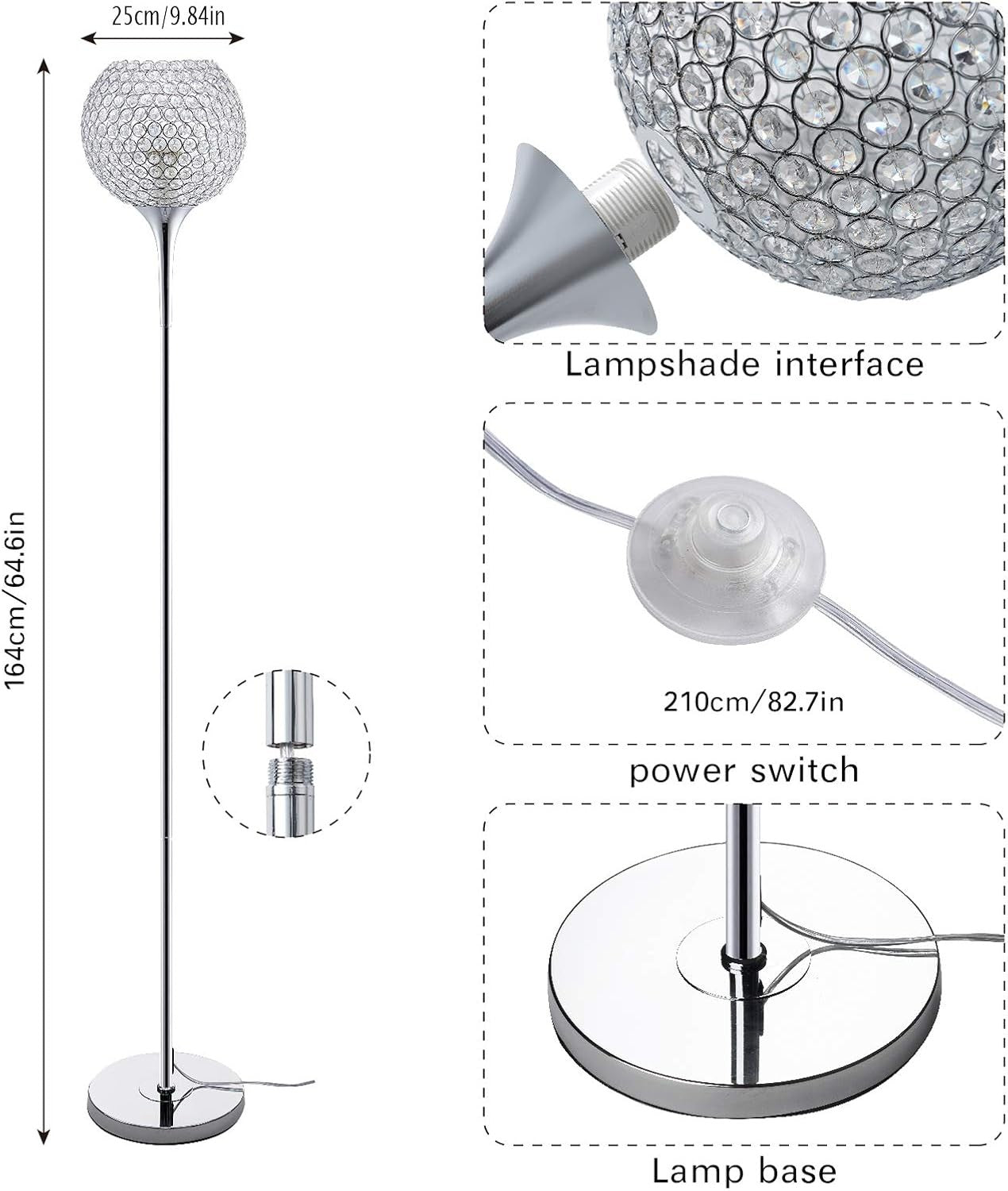 Crystal Floor Lamp Chrome Tall Standing Light E27 Modern Living Room Lamp