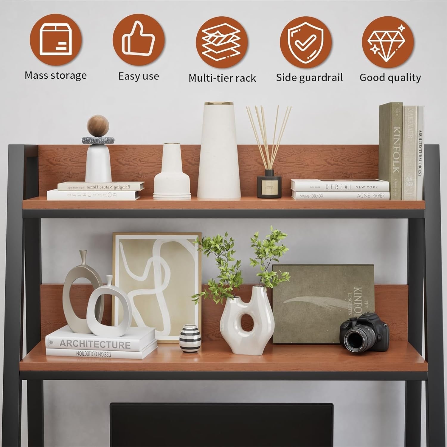 55cm Desktop Hutch 2-Tier Ladder Shelf Organizer Wooden Display Rack Brown